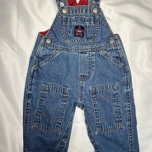 Vintage Faded Glory Baby 3/6M Denim Sheriff Overalls Y2K‎ Red Lined EUC